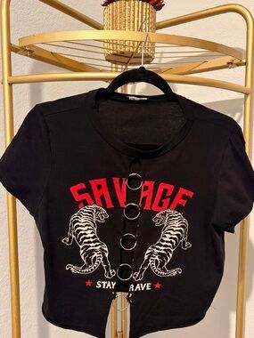 Savage Black Graphic Crop Tee with Tigers
